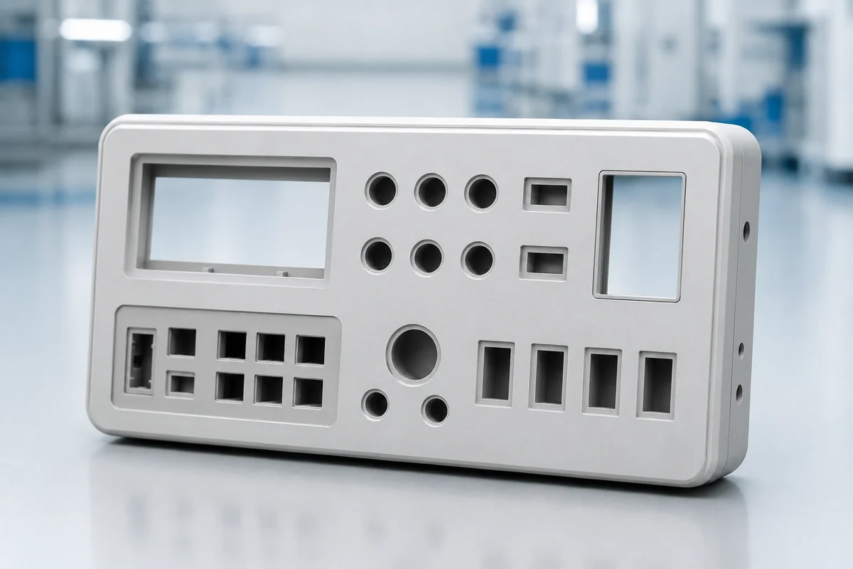 Control panel housing with multiple button cutouts and interface openings