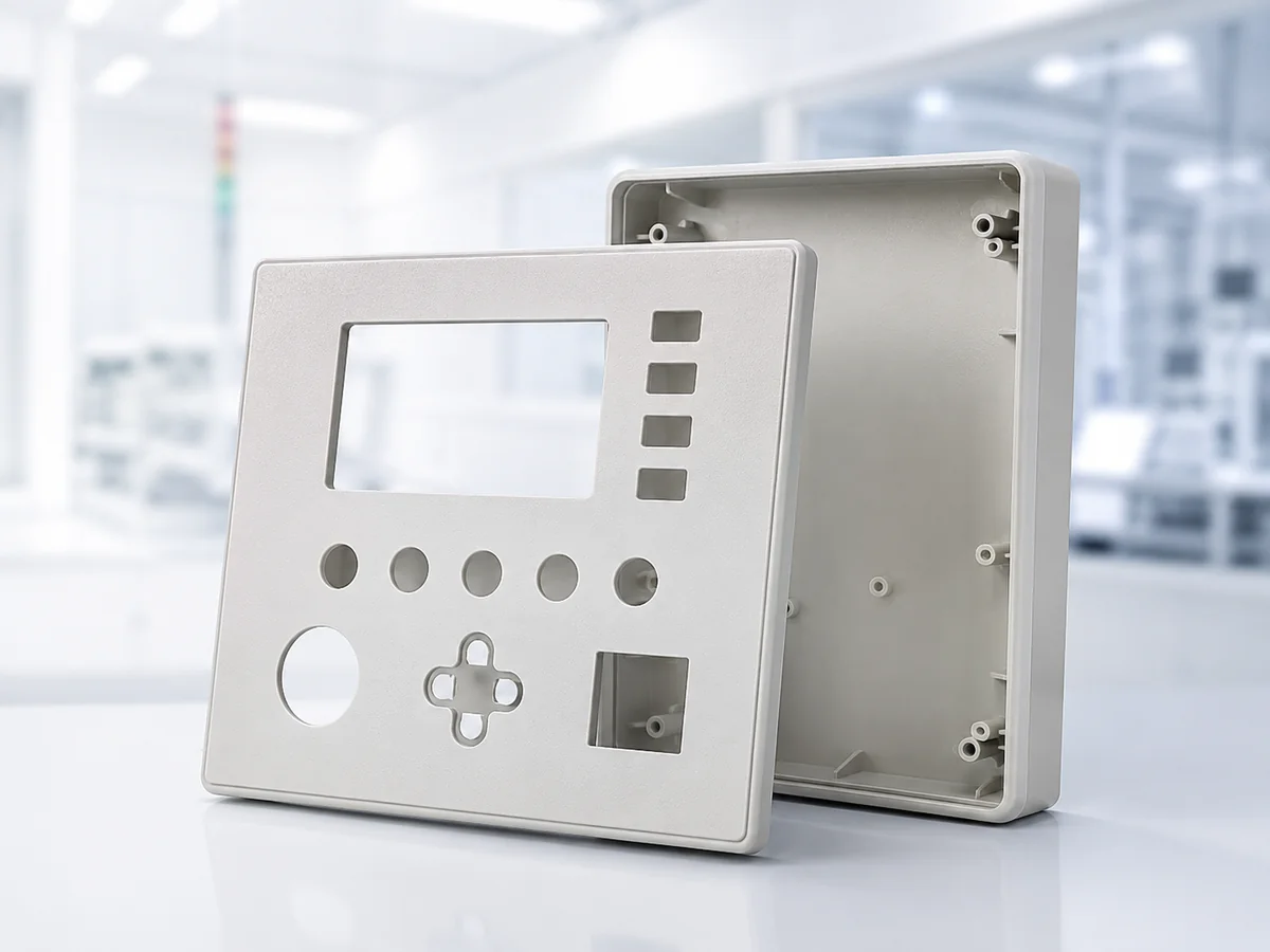 Plastic control panel housing with button cutouts