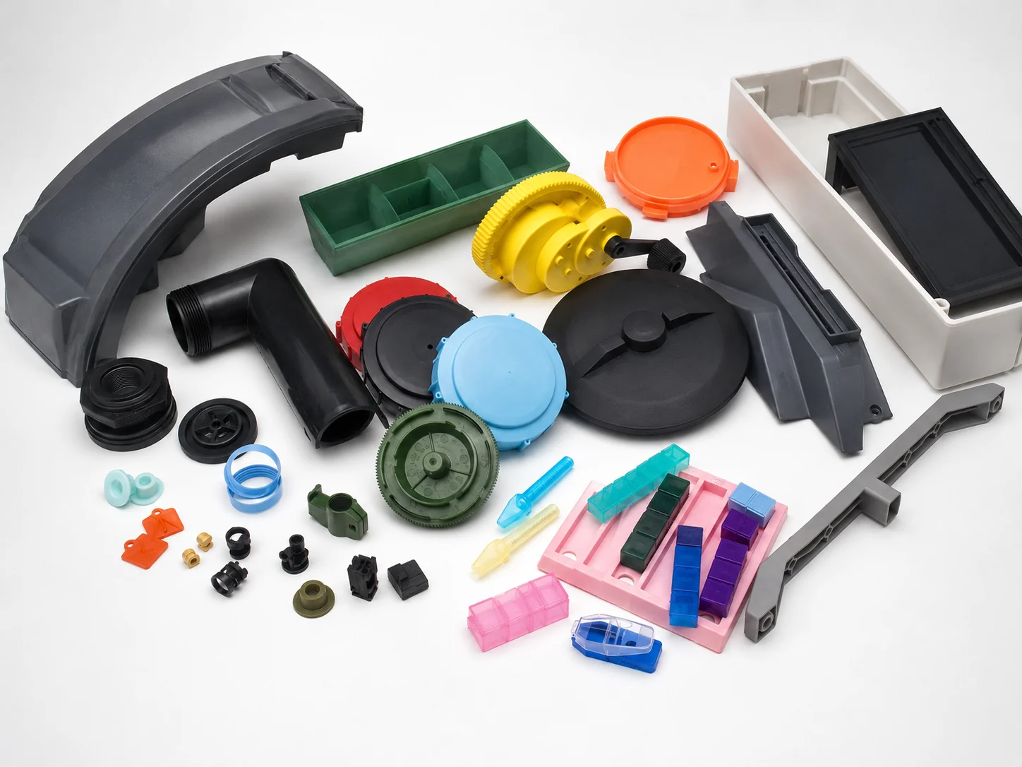 Exploded view of a two-piece plastic housing showing PCB mounting bosses, snap-fits, and connector openings