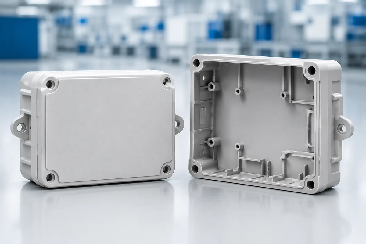 Custom molded plastic housing with complex internal structures