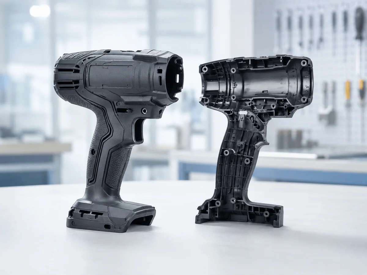 Injection molded plastic housing for an electric tool
