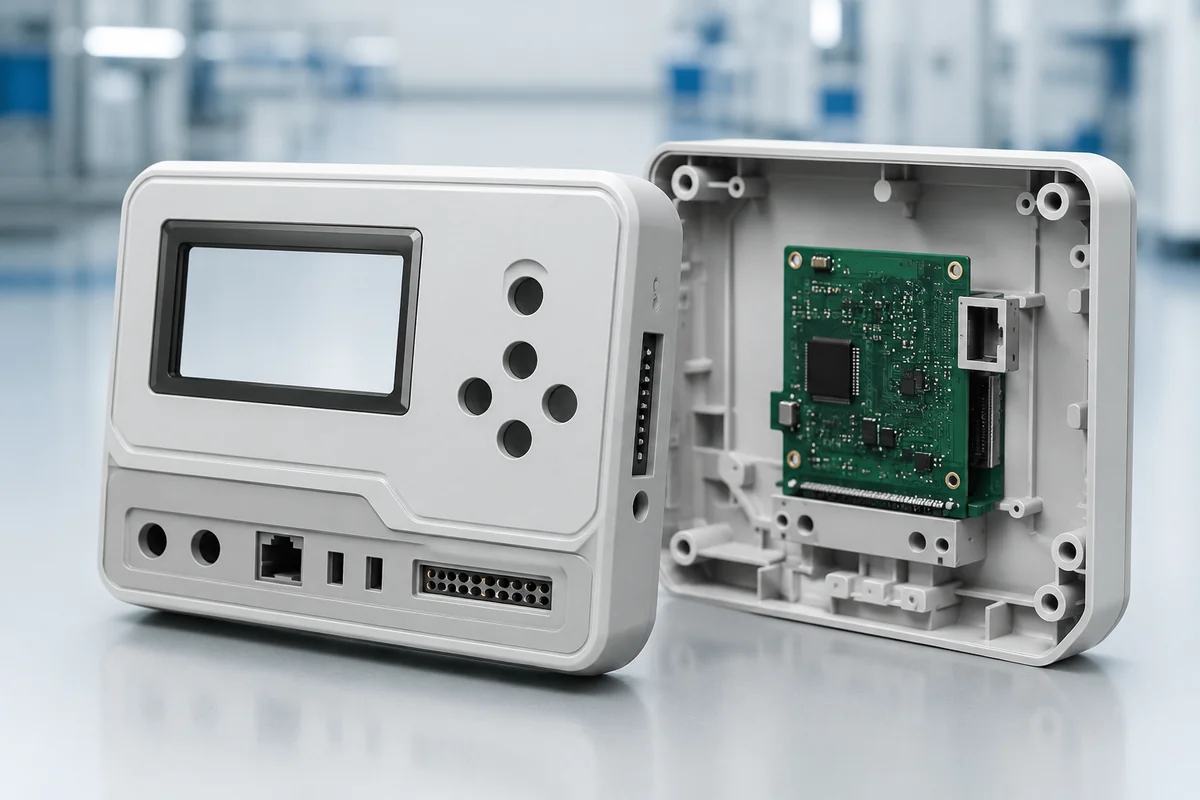 Injection molded electronic device housing with display window and PCB mounts