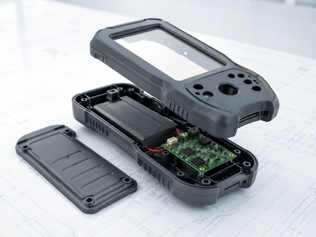Handheld electronic device plastic housing with battery compartment