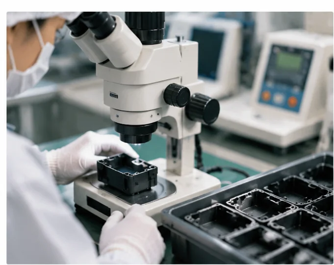 Worker measuring plastic part