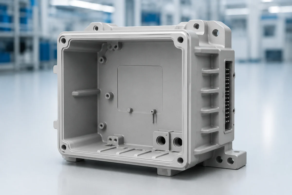 Rugged industrial equipment housing with thick walls and mounting flanges