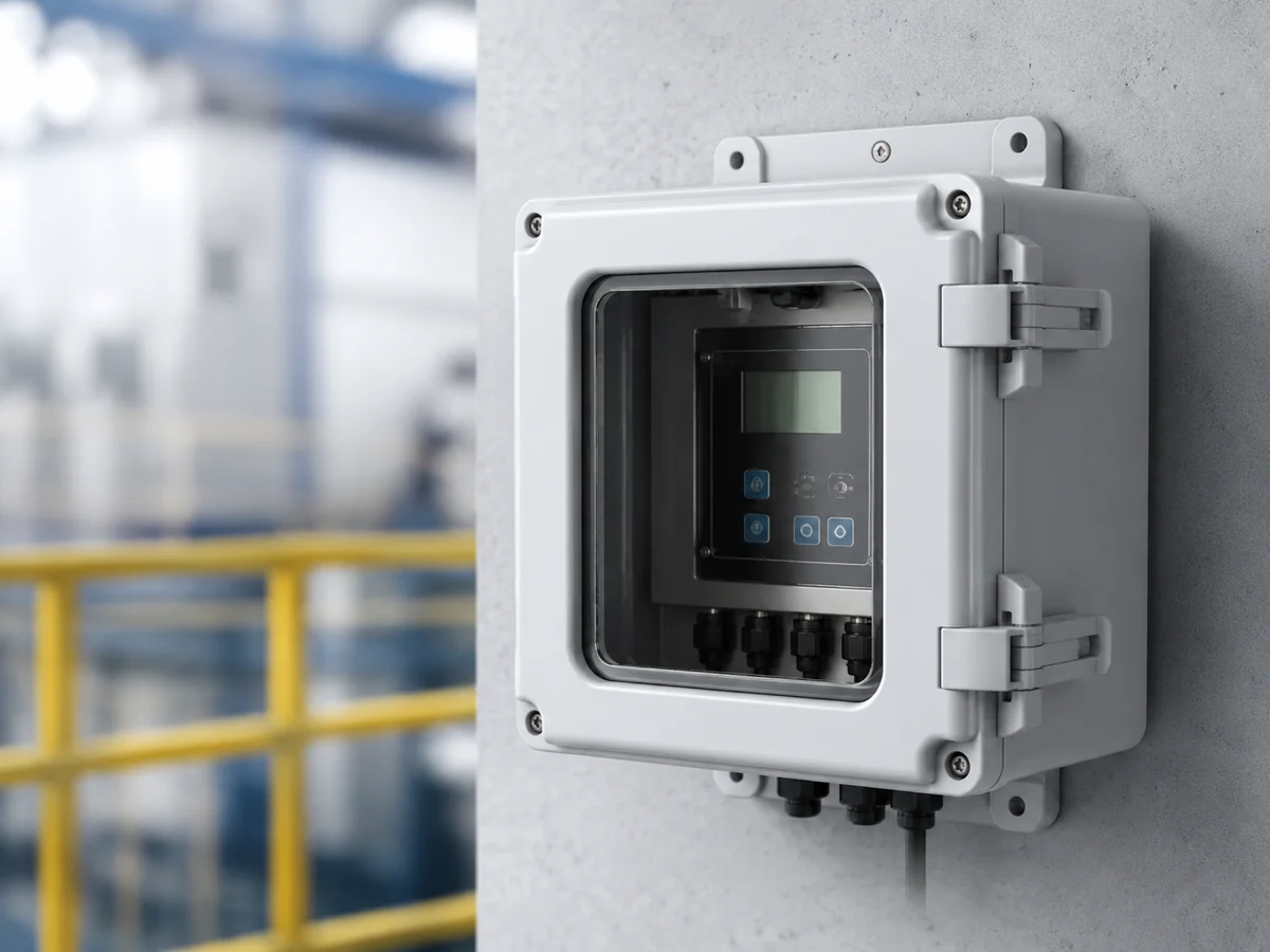Industrial monitoring equipment housing mounted on a wall