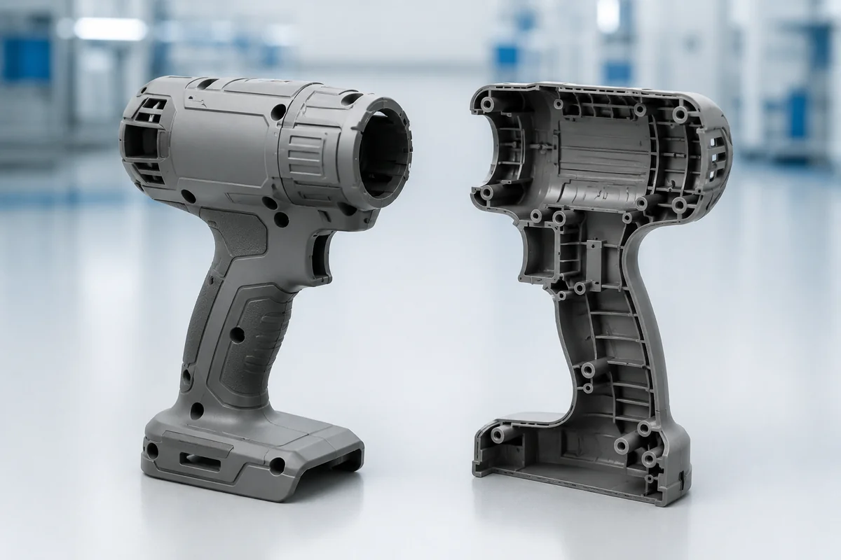 Ergonomic plastic tool housing with textured grip surfaces