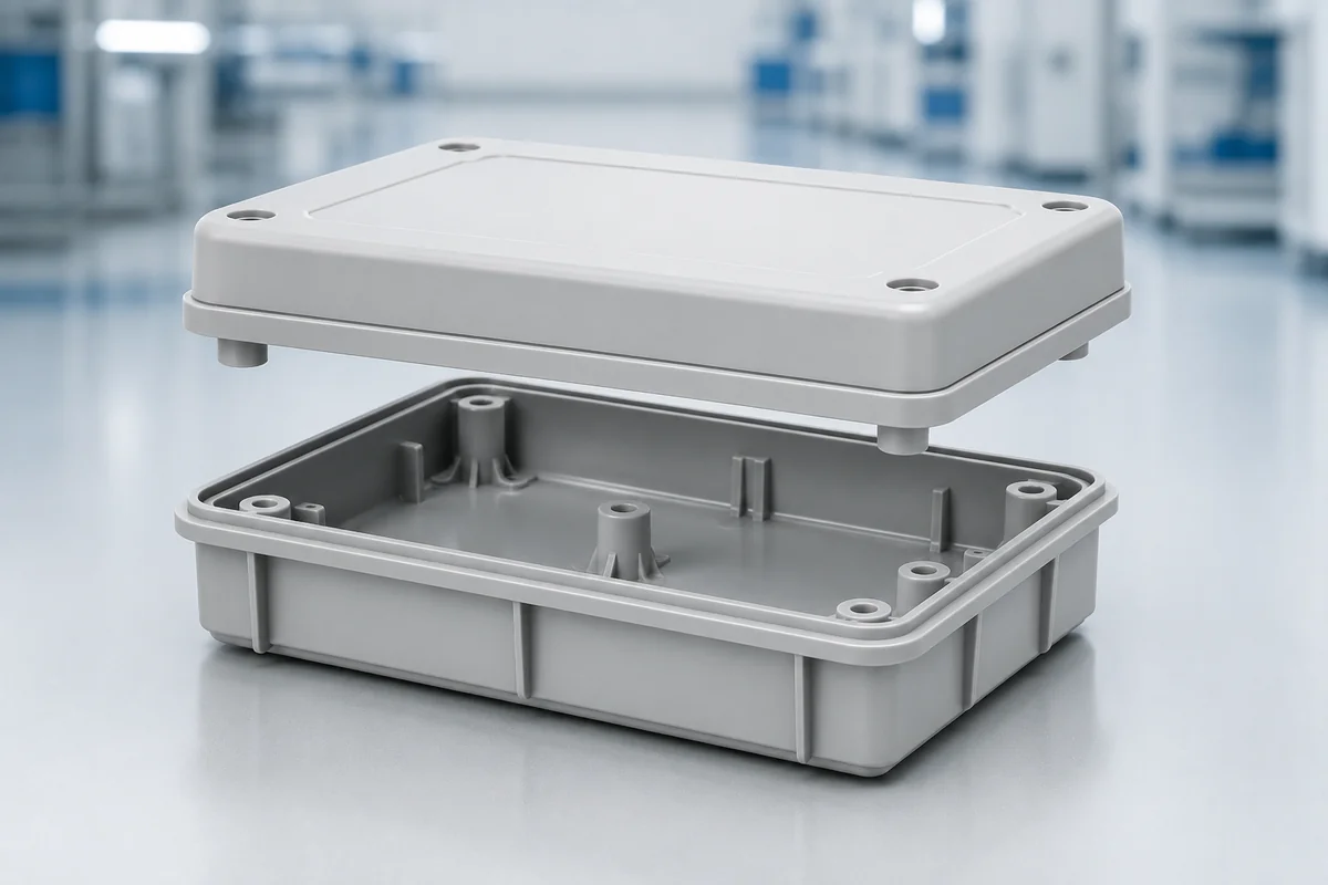 Two-piece custom plastic housing showing upper cover and lower base